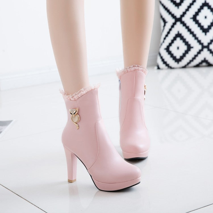 Women's Pu Leather Almond Toe Lace Side Zippers Rhinestone Block Chunky Heel Platform Short Boots