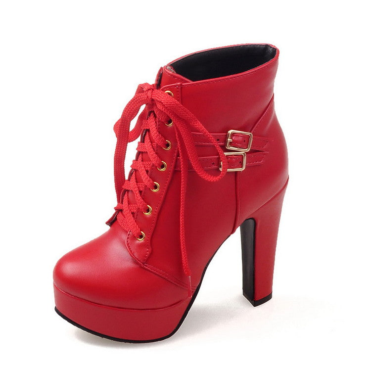 Women's Pu Leather Almond Toe Lace Up Buckle Straps Block Chunky Heel Platform Short Boots