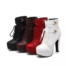 Women's Pu Leather Almond Toe Lace Up Side Zippers Block Chunky Heel Platform Short Boots