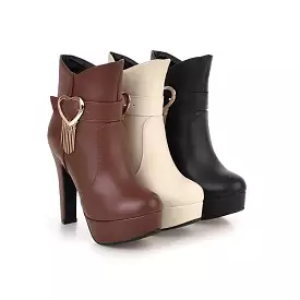 Women's Pu Leather Almond Toe Love Hearts Buckle Straps Tassel Block Chunky Heel Platform Short Boots