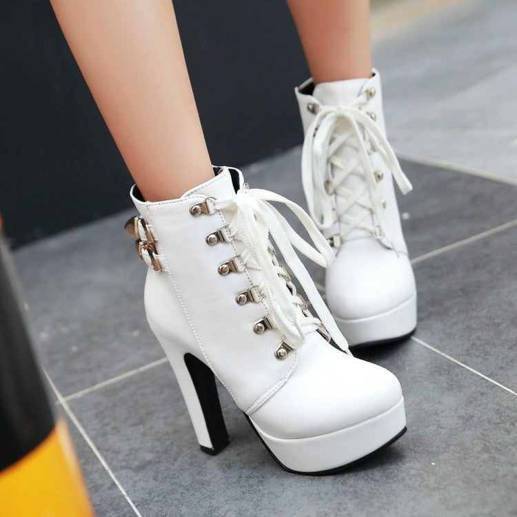 Women's Pu Leather Almond Toe Rivets Lace Up Buckle Straps Block Chunky Heel Platform Short Boots