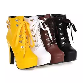 Women's Pu Leather Almond Toe Rivets Lace Up Buckle Straps Block Chunky Heel Platform Short Boots