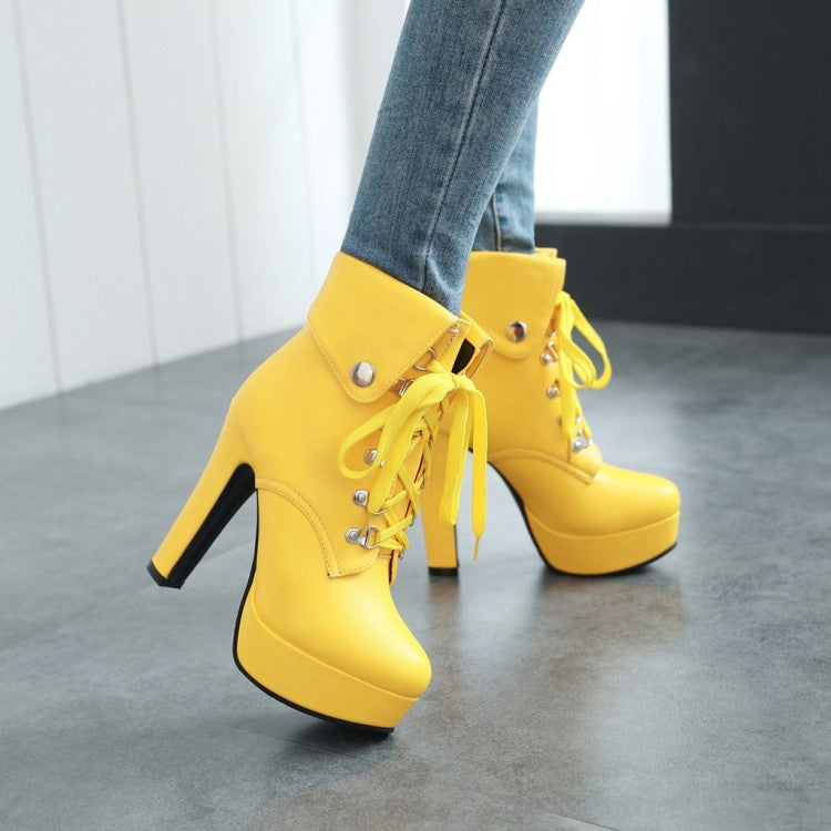 Women's Pu Leather Almond Toe Rivets Lace Up Fold Block Chunky Heel Platform Short Boots