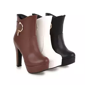 Women's Pu Leather Almond Toe Side Zippers Block Chunky Heel Platform Short Boots