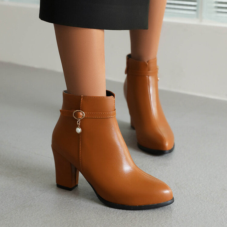 Women's Pu Leather Buckle Straps Block Chunky Heel Side Zippers Short Boots