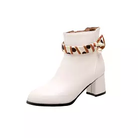 Women's Pu Leather Pointed Toe Pearls Side Zippers Block Chunky Heel Short Boots