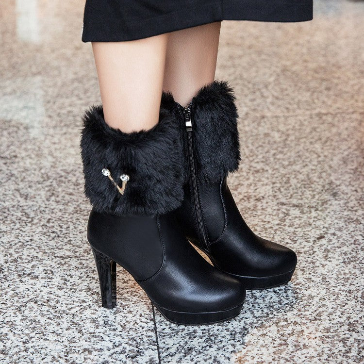 Women's Pu Leather Round Toe Furry Rhinestone Block Chunky Heel Platform Short Boots