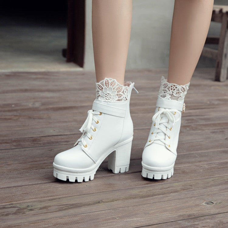 Women's Pu Leather Round Toe Lace Lace-Up Buckle Straps Block Chunky Heel Platform Short Boots