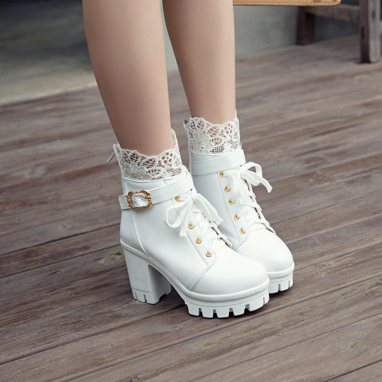 Women's Pu Leather Round Toe Lace Lace-Up Buckle Straps Block Chunky Heel Platform Short Boots