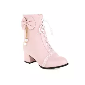 Women's Pu Leather Round Toe Lace Lace-Up Pearls Bow Tie Side Zippers Block Chunky Heel Short Boots