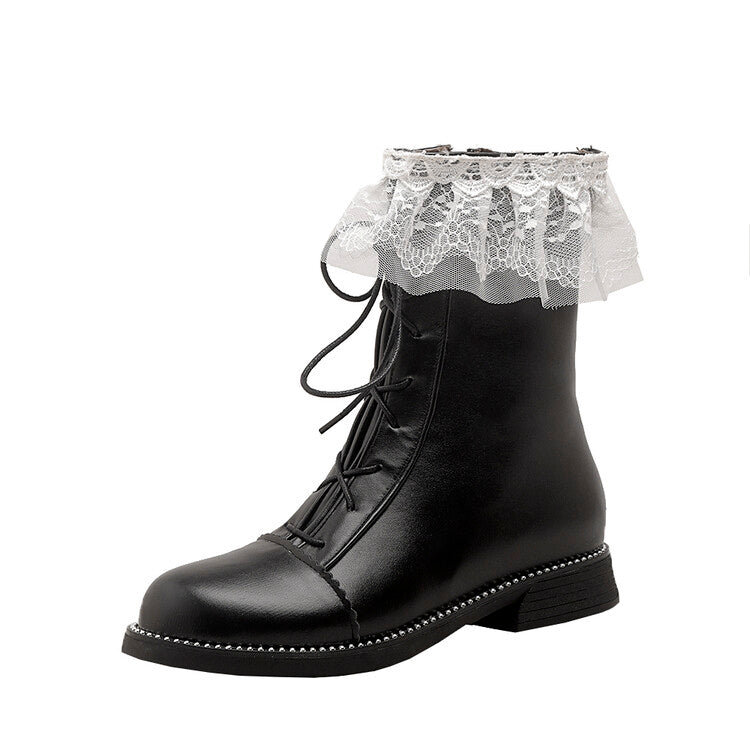 Women's Pu Leather Round Toe Lace Lace-up Stitch Side Zippers Short Boots