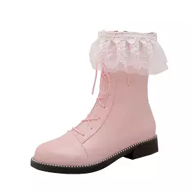 Women's Pu Leather Round Toe Lace Lace-up Stitch Side Zippers Short Boots