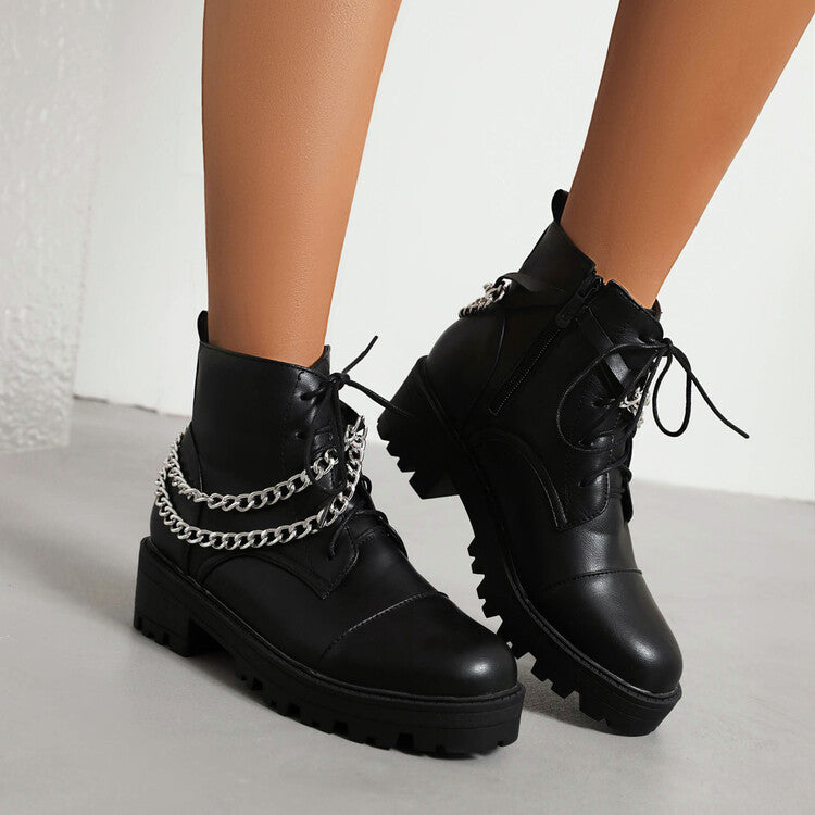 Women's Pu Leather Round Toe Lace Up Side Zippers Metal Chains Block Chunky Heel Platform Short Boots