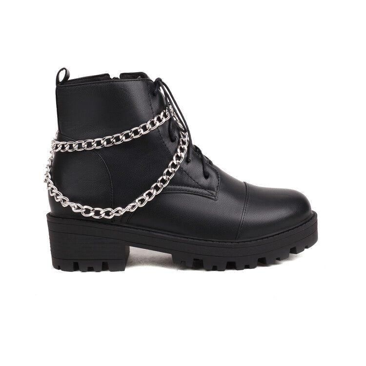 Women's Pu Leather Round Toe Lace Up Side Zippers Metal Chains Block Chunky Heel Platform Short Boots