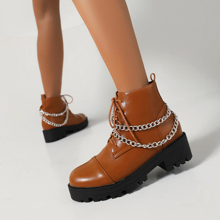 Women's Pu Leather Round Toe Lace Up Side Zippers Metal Chains Block Chunky Heel Platform Short Boots