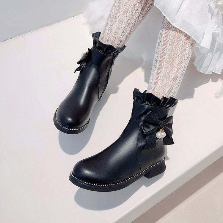 Women's Pu Leather Round Toe Ruffles Pearls Bow Tie Short Boots