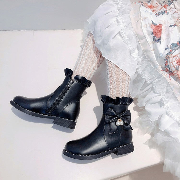 Women's Pu Leather Round Toe Ruffles Pearls Bow Tie Short Boots