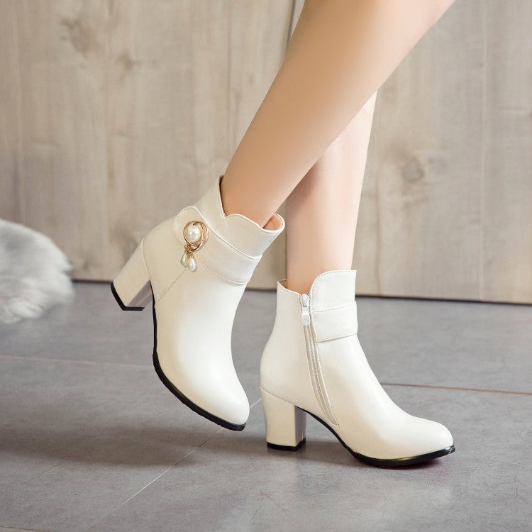 Women's Pu Leather Round Toe Side Zippers Pearls Block Chunky Heel Short Boots