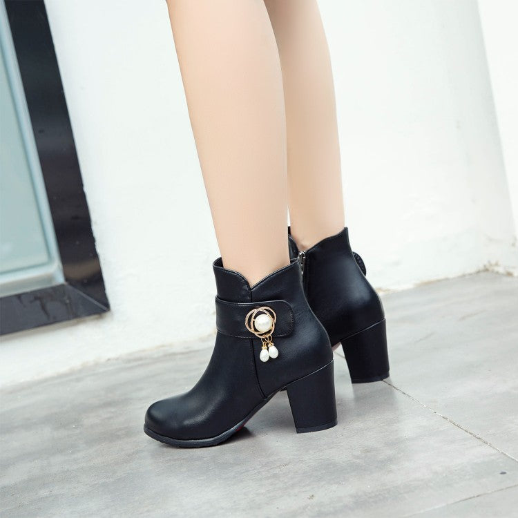 Women's Pu Leather Round Toe Side Zippers Pearls Block Chunky Heel Short Boots