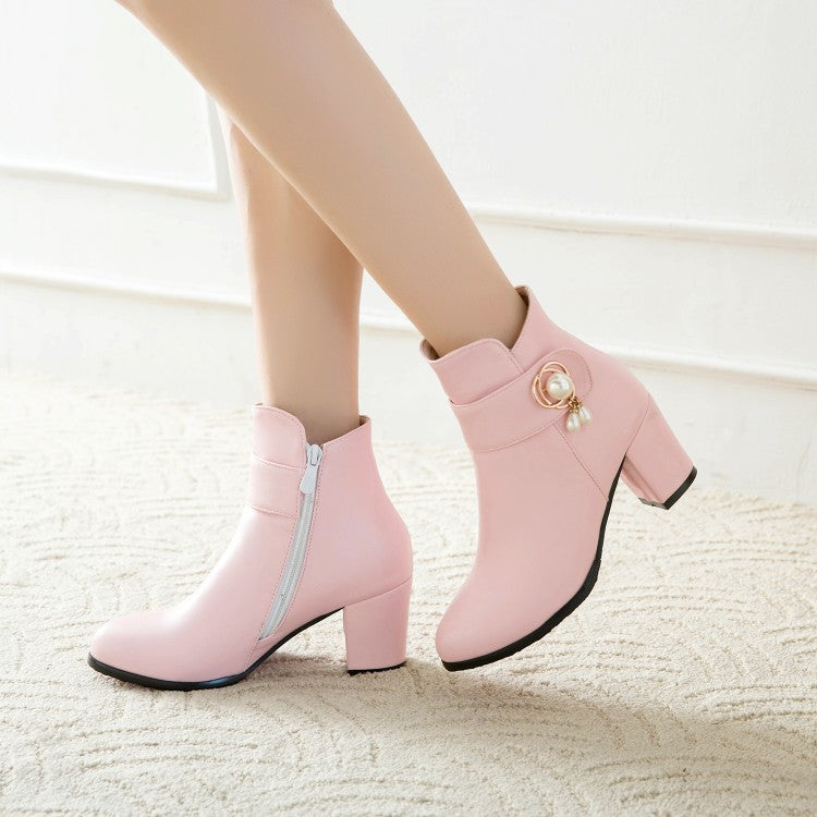 Women's Pu Leather Round Toe Side Zippers Pearls Block Chunky Heel Short Boots