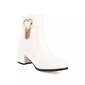 Women's Pu Leather Side Zippers Love Hearts Buckle Straps Tassel Block Chunky Heel Short Boots