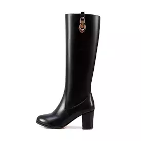 Women's Pu Leather Side Zippers Metal Buckles Block Chunky Heel Knee High Boots