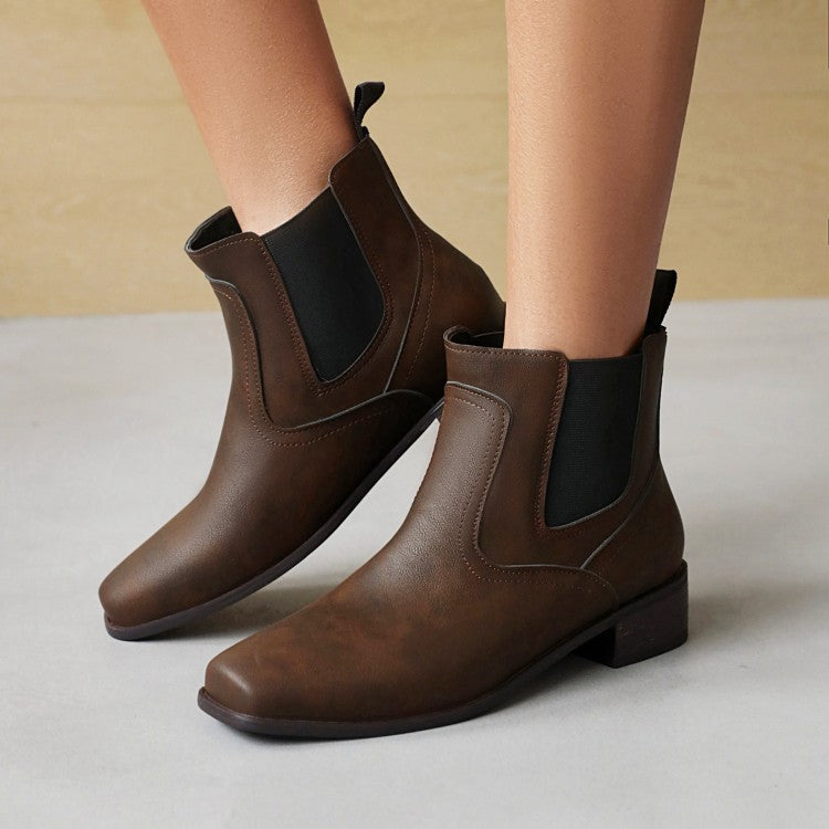 Women's Pu Leather Square Toe Stretch Block Heel Short Boots