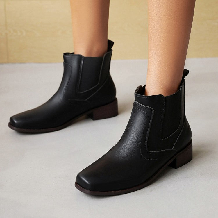 Women's Pu Leather Square Toe Stretch Block Heel Short Boots