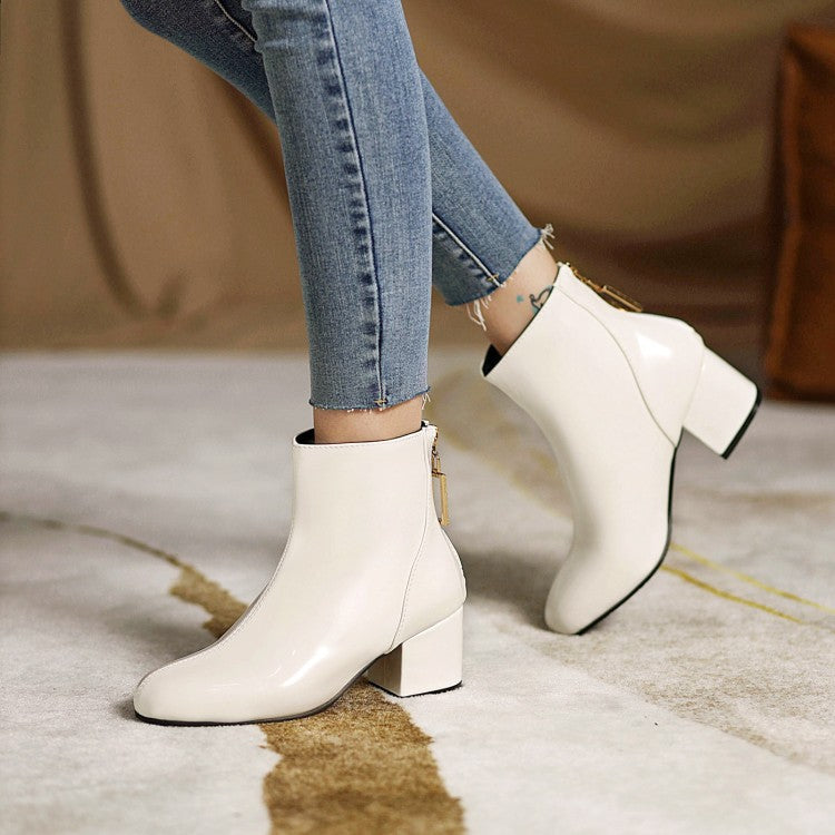 Women's Round Toe Back Zippers Block Chunky Heel Short Boots