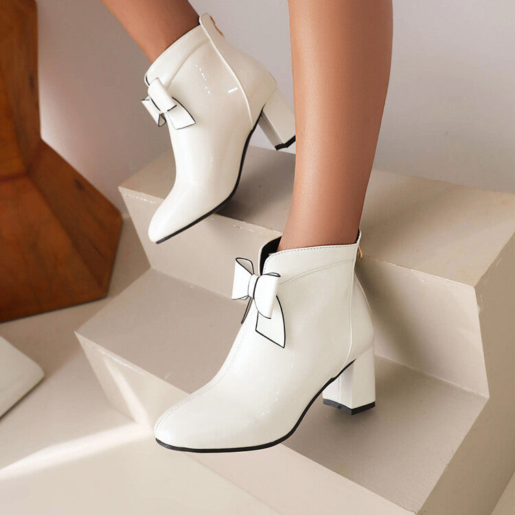 Women's Round Toe Bow Tie Block Chunky Heel Short Boots