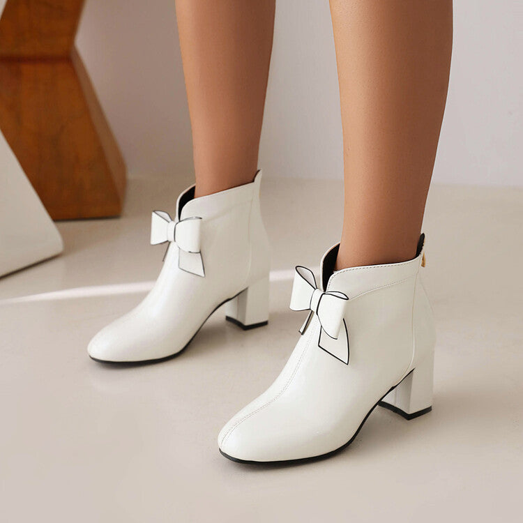 Women's Round Toe Bow Tie Block Chunky Heel Short Boots