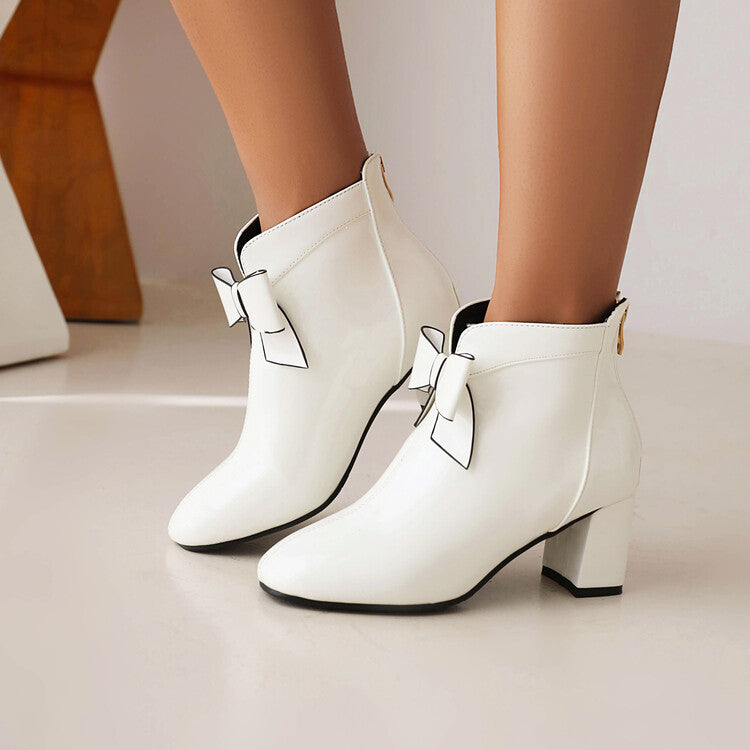 Women's Round Toe Bow Tie Block Chunky Heel Short Boots