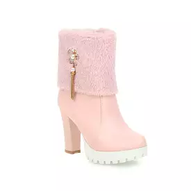 Women's Round Toe Fold Fur Rhinestone Flowers Block Chunky Heel Platform Short Boots