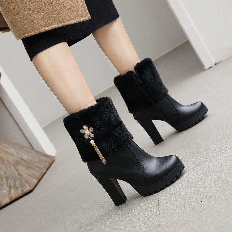 Women's Round Toe Fold Fur Rhinestone Flowers Block Chunky Heel Platform Short Boots