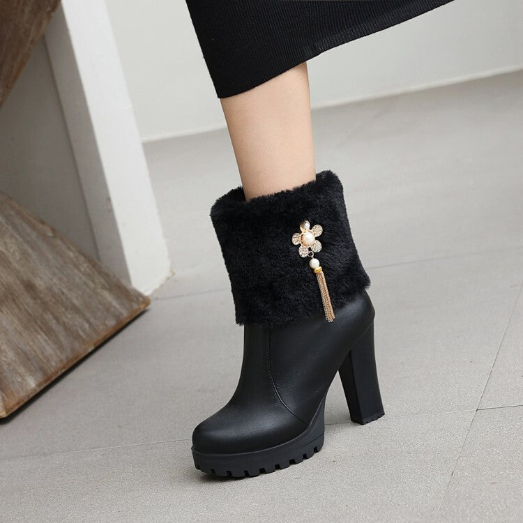 Women's Round Toe Fold Fur Rhinestone Flowers Block Chunky Heel Platform Short Boots