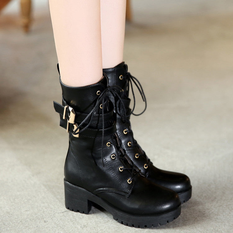 Women's Round Toe Lace Up Buckle Straps Block Chunky Heel Platform Short Boots