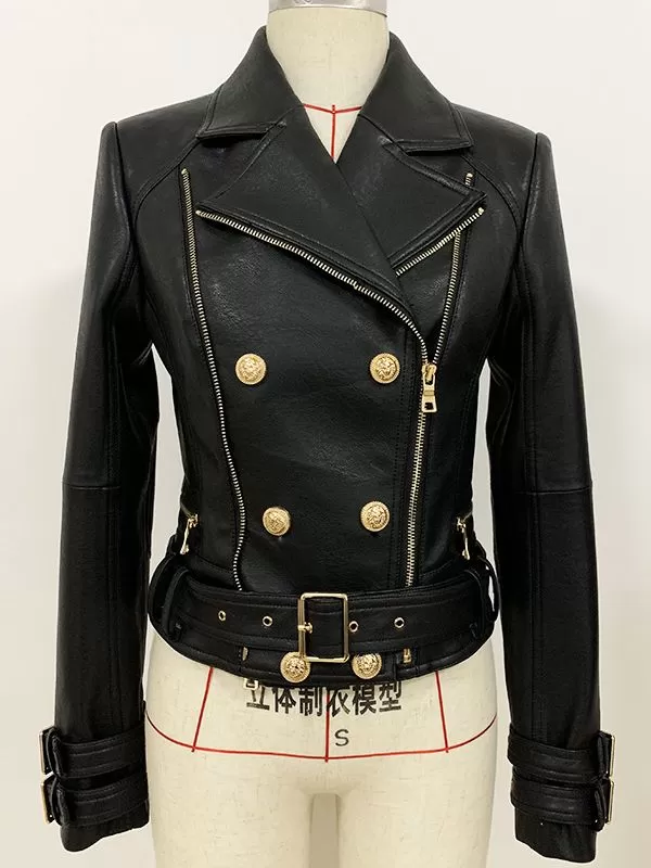 Women's Synthetic Leather Double Zipper Streetwear Motorcycle Jacket