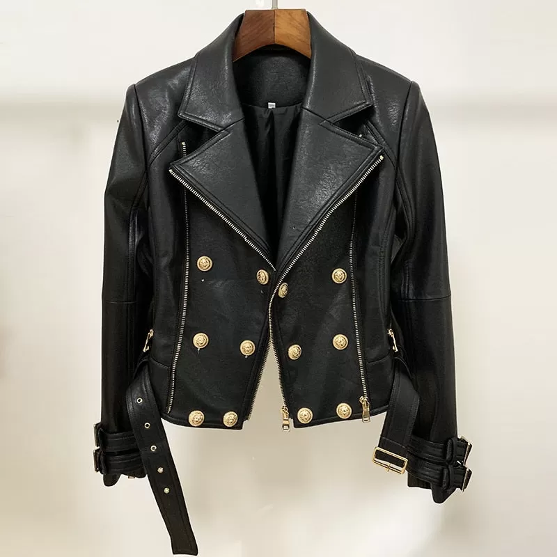 Women's Synthetic Leather Double Zipper Streetwear Motorcycle Jacket