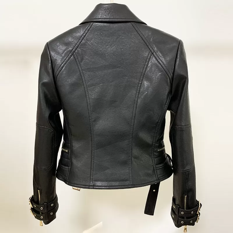 Women's Synthetic Leather Double Zipper Streetwear Motorcycle Jacket