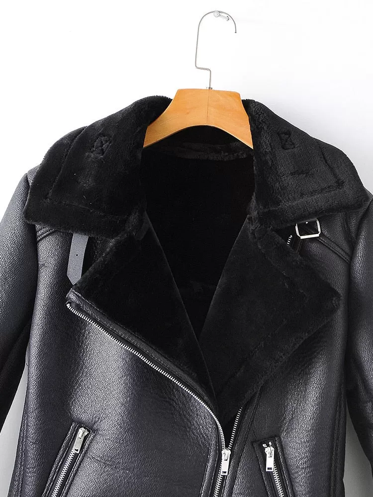 Women's Synthetic Leather Turndown Collar Moto Biker Loose Jacket with Belt