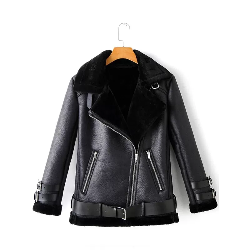 Women's Synthetic Leather Turndown Collar Moto Biker Loose Jacket with Belt